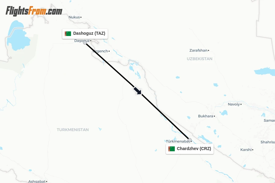 Flights from Dashoguz to Chardzhev route map