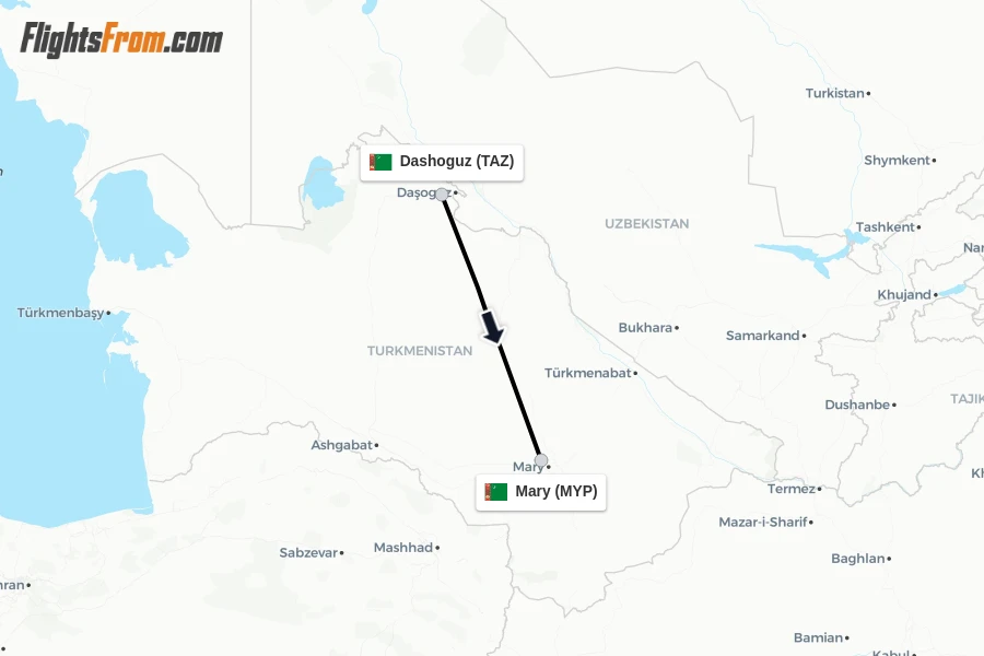 Flights from Dashoguz to Mary route map