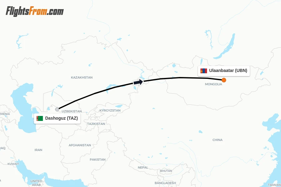 Flights from Dashoguz to Ulaanbaatar route map