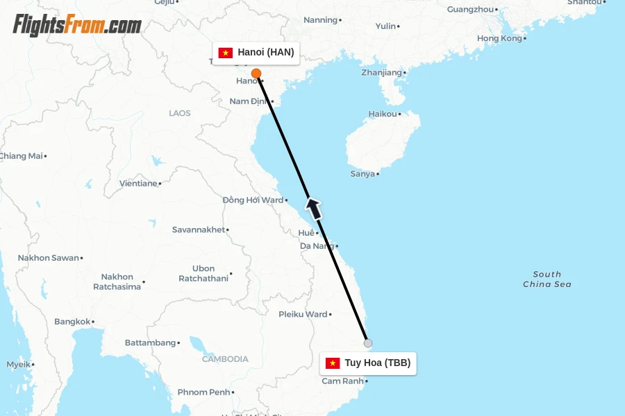 Flights from Tuy Hoa to Hanoi route map