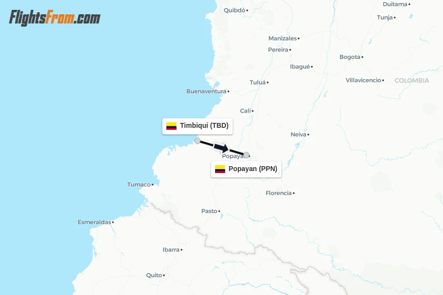 Flights from Timbiqui to Popayan route map