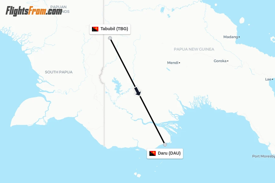 Flights from Tabubil to Daru route map