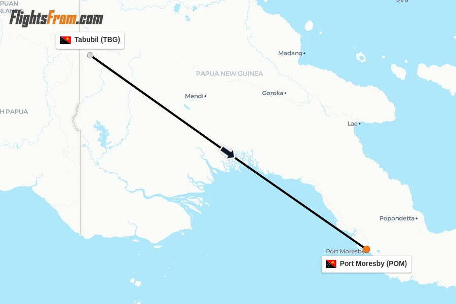 Flights from Tabubil to Port Moresby route map