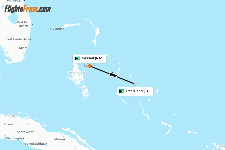 Flights from Cat Island to Nassau route map