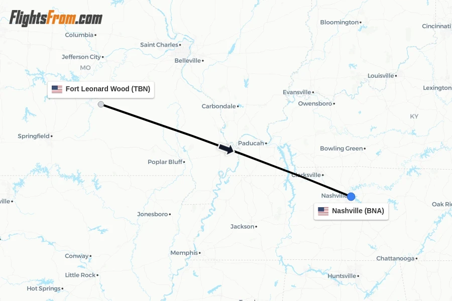 Flights from Fort Leonard Wood to Nashville route map