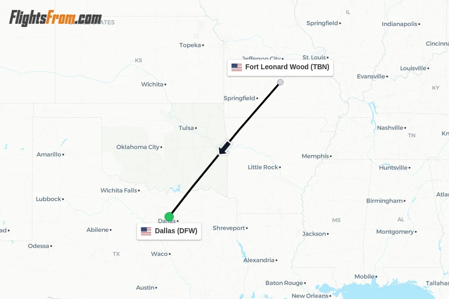 Flights from Fort Leonard Wood to Dallas route map