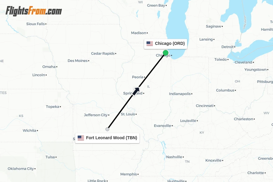 Flights from Fort Leonard Wood to Chicago route map
