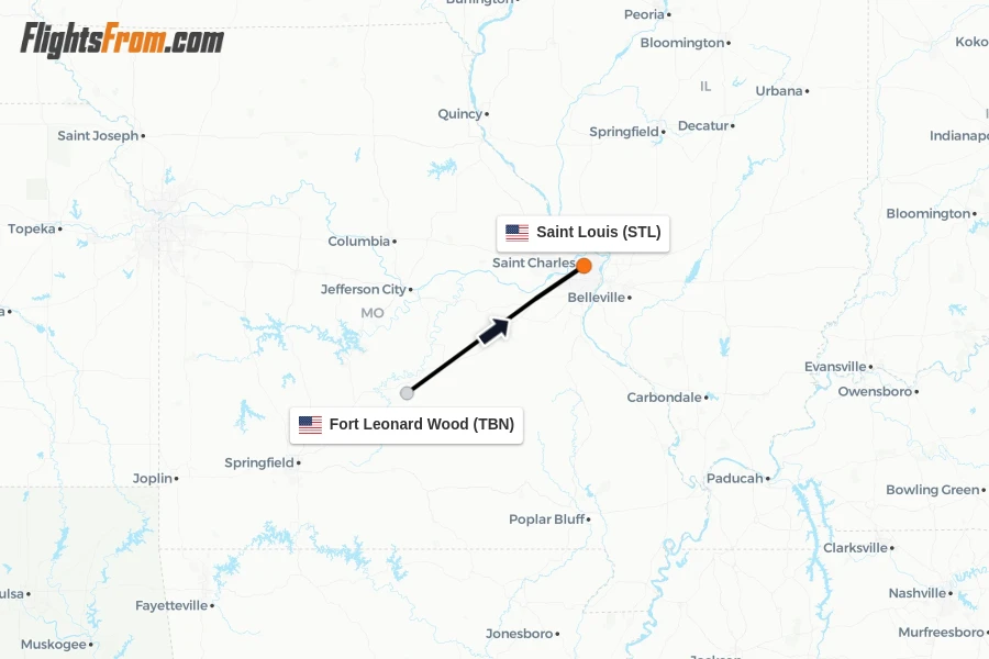 Flights from Fort Leonard Wood to Saint Louis route map