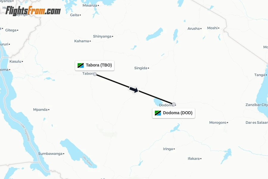 Flights from Tabora to Dodoma route map