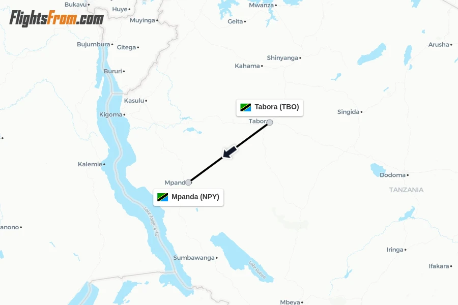 Flights from Tabora to Mpanda route map