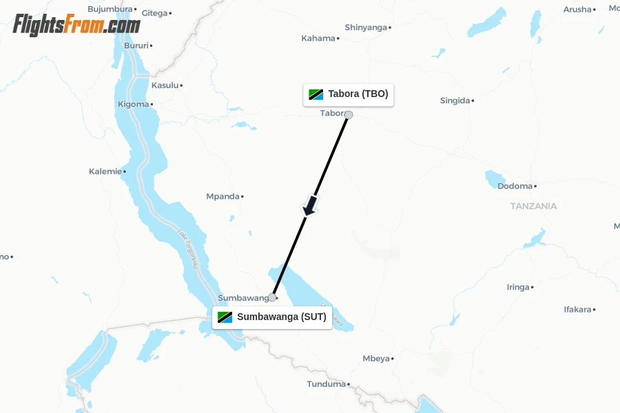 Flights from Tabora to Sumbawanga route map