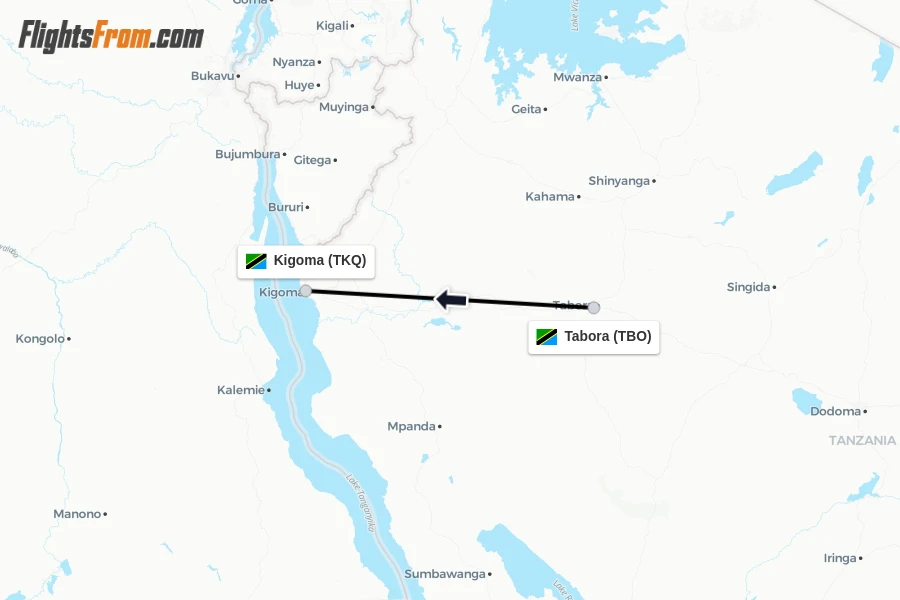 Flights from Tabora to Kigoma route map