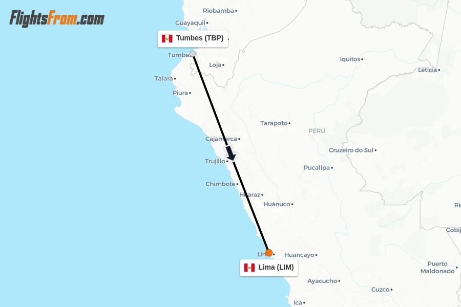 Flights from Tumbes to Lima route map