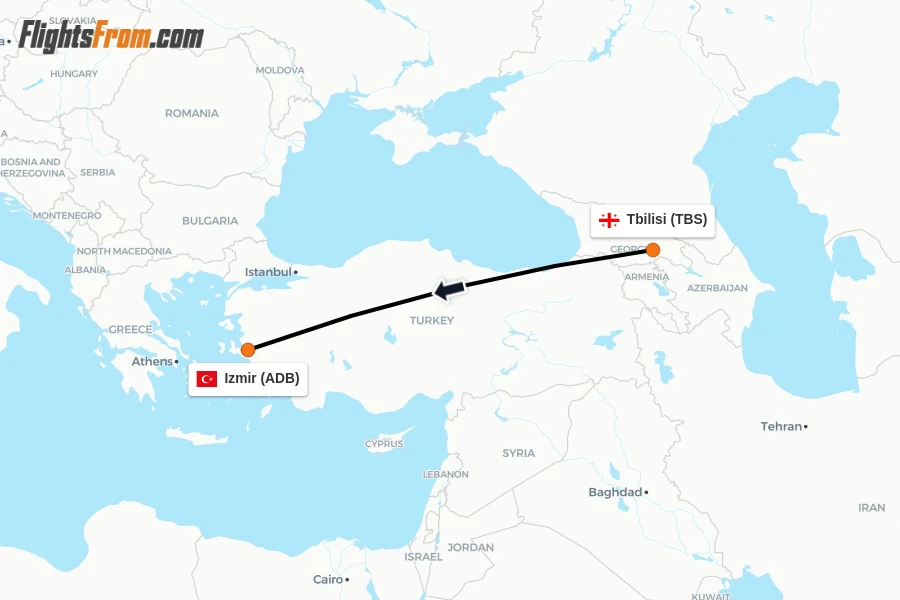 Flights from Tbilisi to Izmir route map