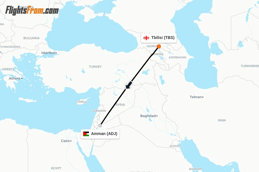 Flights from Tbilisi to Amman route map