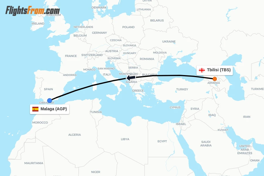 Flights from Tbilisi to Malaga route map