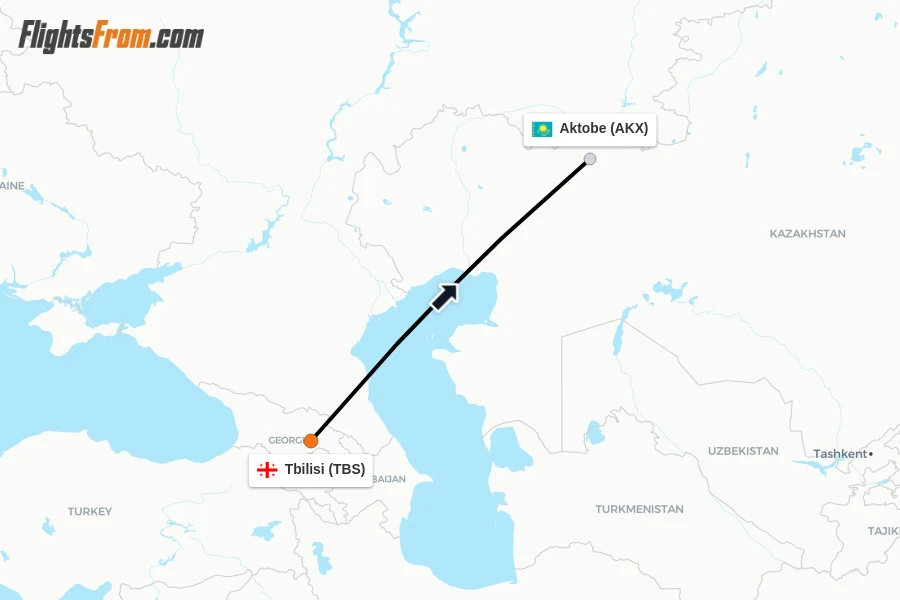 Flights from Tbilisi to Aktobe route map