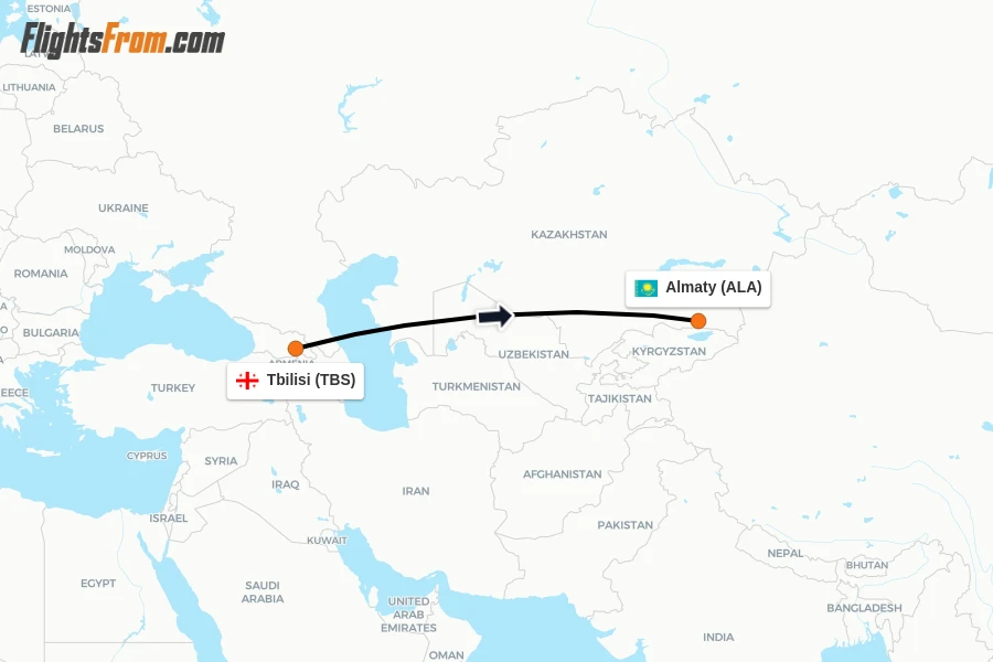 Flights from Tbilisi to Almaty route map