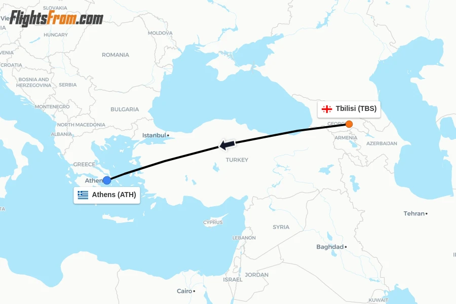 Flights from Tbilisi to Athens route map