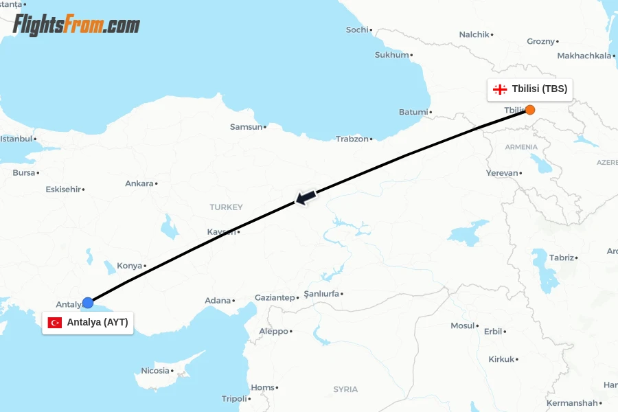 Flights from Tbilisi to Antalya route map