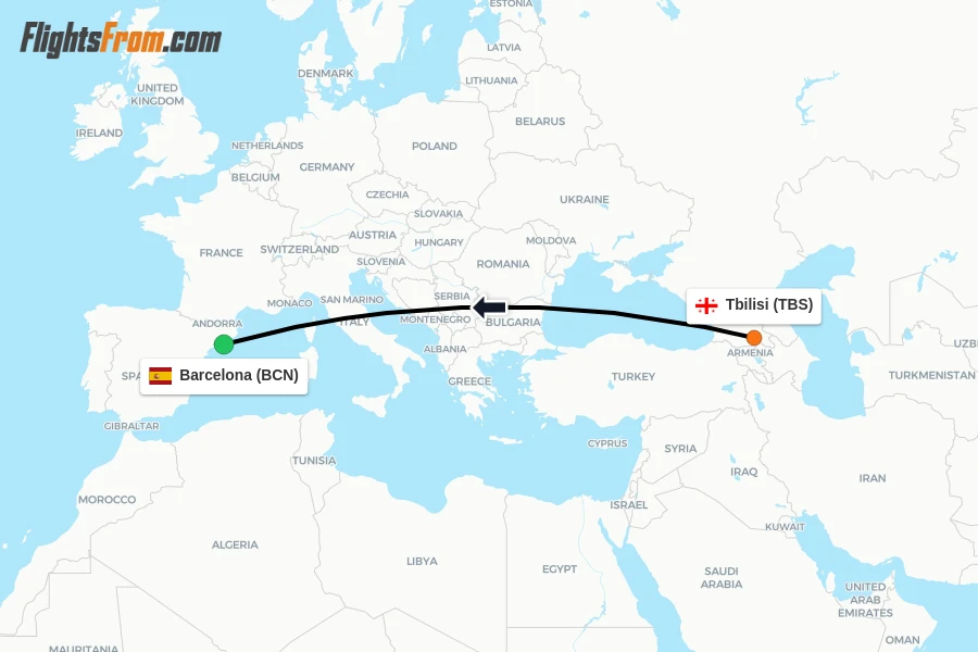 Flights from Tbilisi to Barcelona route map