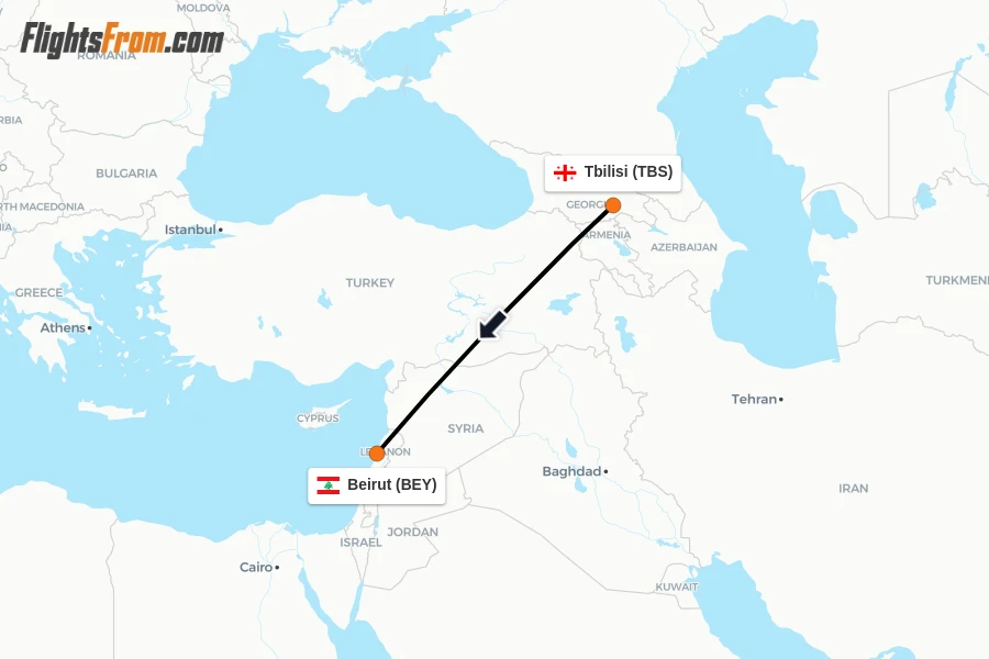 Flights from Tbilisi to Beirut route map