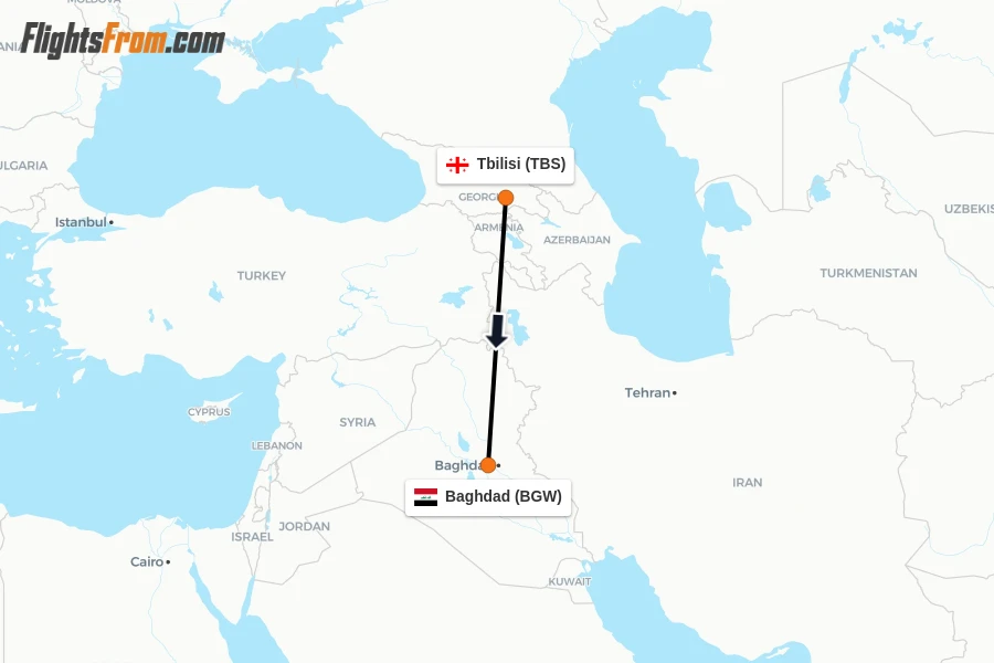 Flights from Tbilisi to Baghdad route map