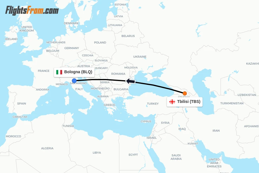 Flights from Tbilisi to Bologna route map