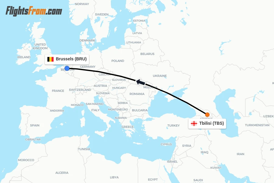 Flights from Tbilisi to Brussels route map