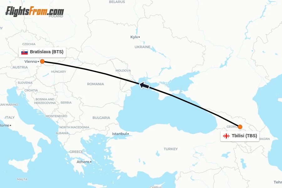 Flights from Tbilisi to Bratislava route map