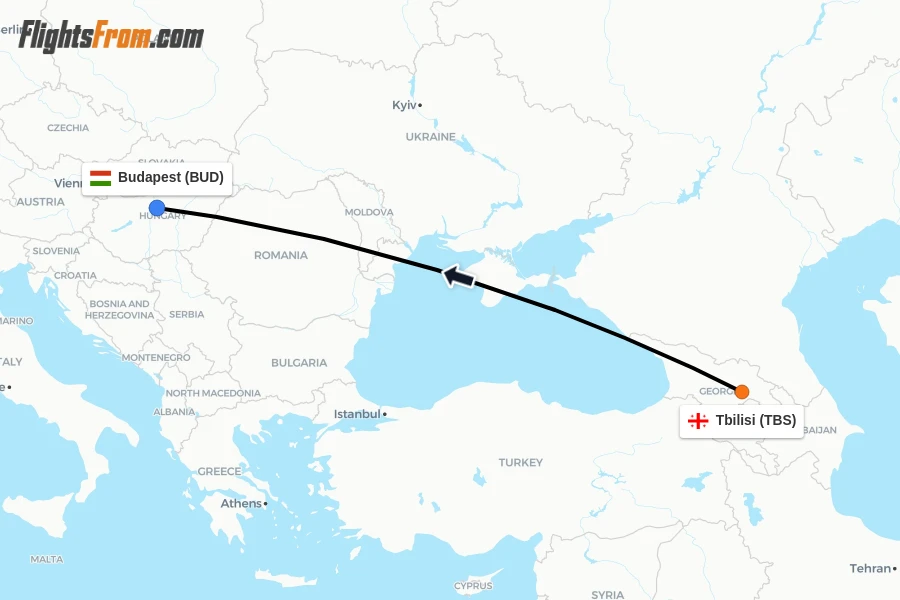 Flights from Tbilisi to Budapest route map