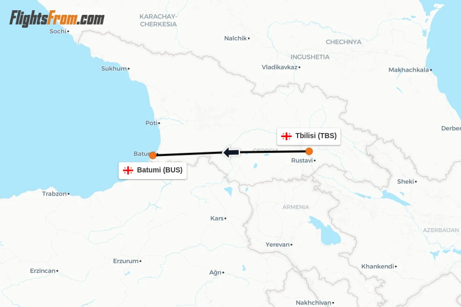 Flights from Tbilisi to Batumi route map