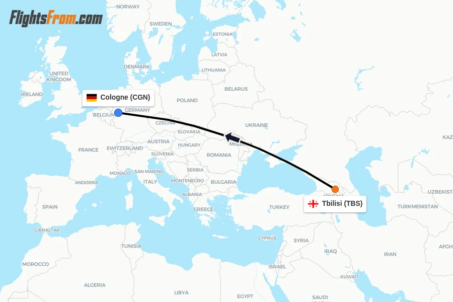 Flights from Tbilisi to Cologne route map