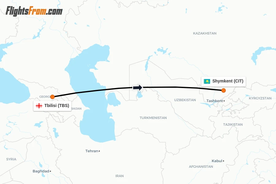 Flights from Tbilisi to Shymkent route map