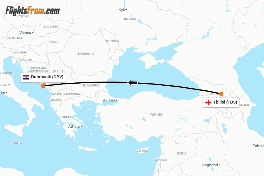 Flights from Tbilisi to Dubrovnik route map