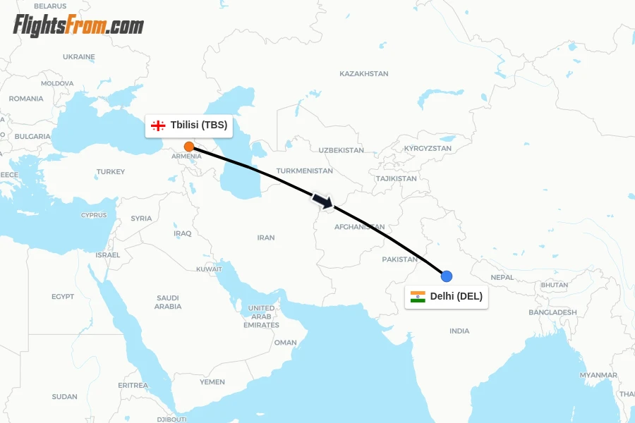Flights from Tbilisi to Delhi route map
