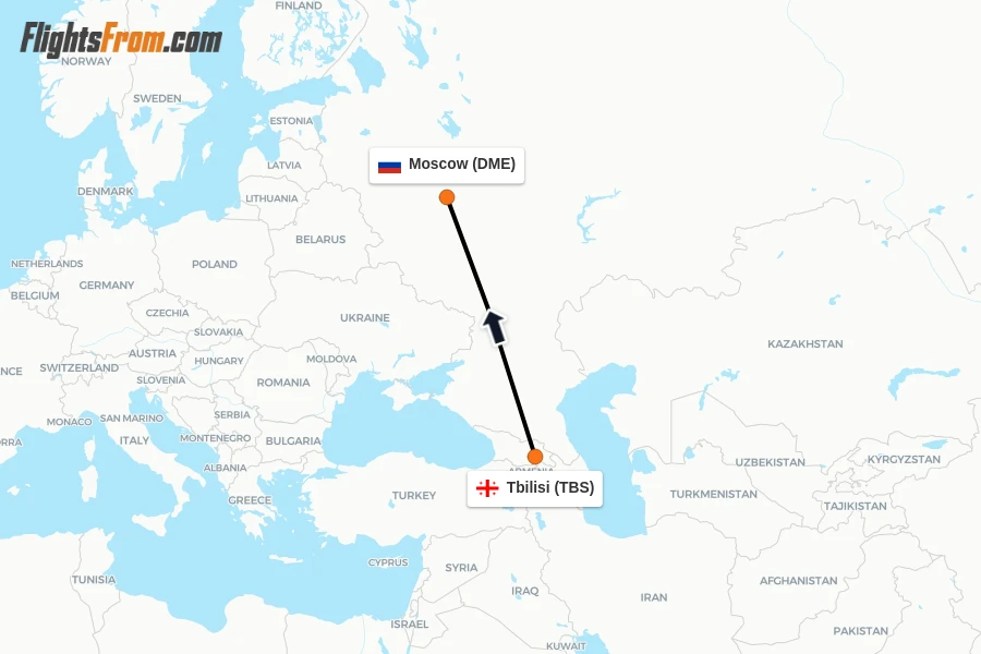 Flights from Tbilisi to Moscow route map