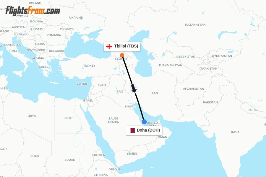 Flights from Tbilisi to Doha route map