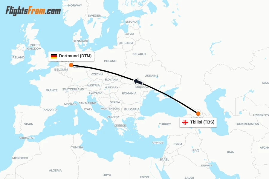 Flights from Tbilisi to Dortmund route map