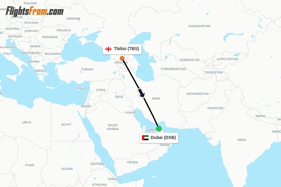 Flights from Tbilisi to Dubai route map