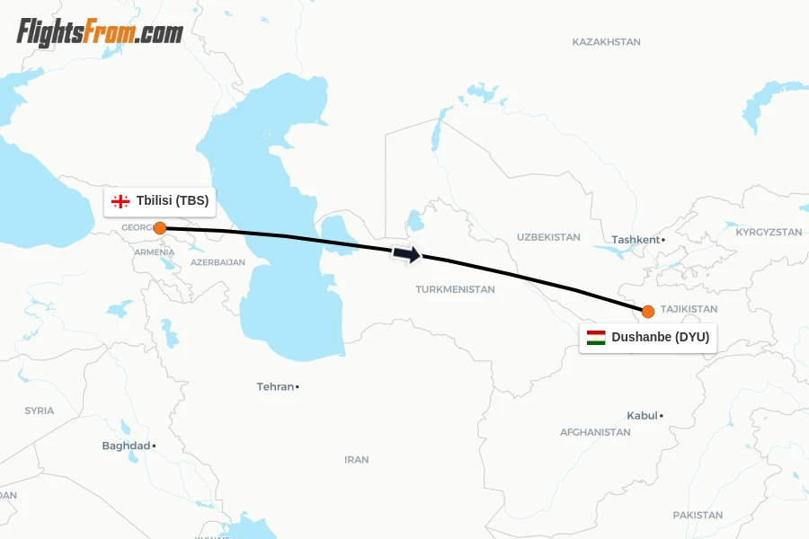 Flights from Tbilisi to Dushanbe route map