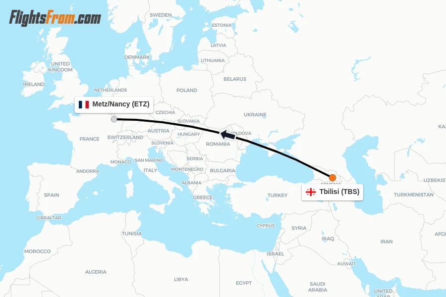 Flights from Tbilisi to Metz/Nancy route map