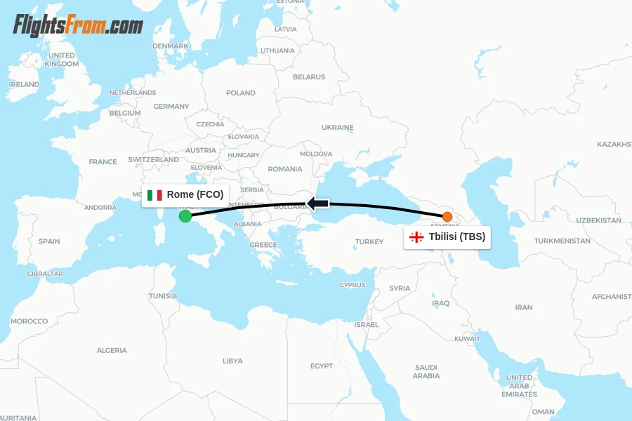 Flights from Tbilisi to Rome route map