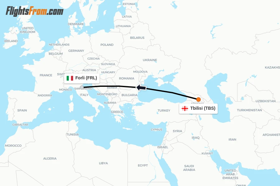 Flights from Tbilisi to Forli route map