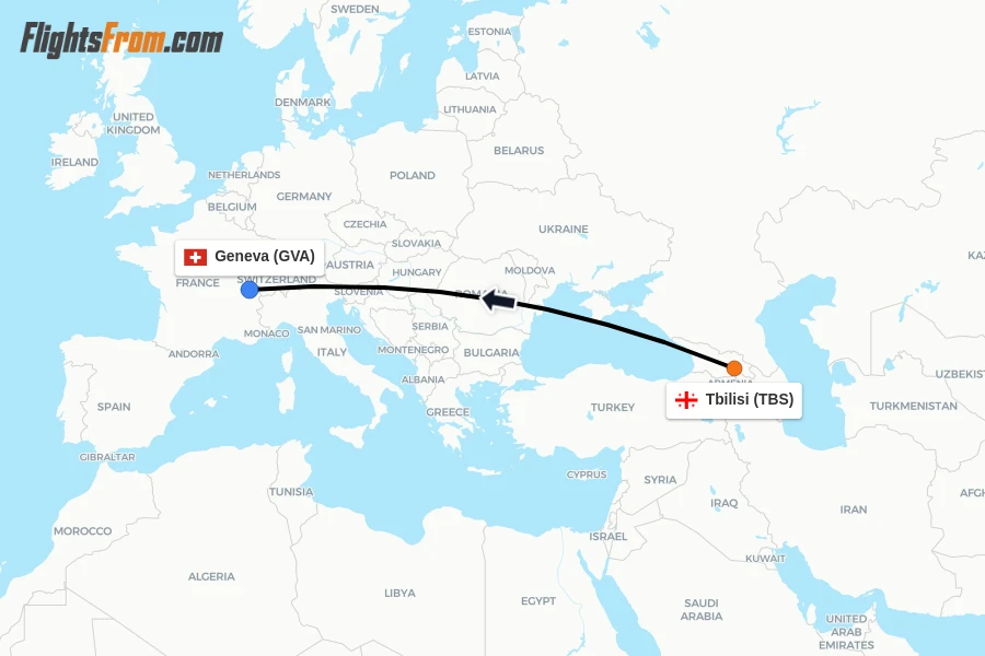Flights from Tbilisi to Geneva route map