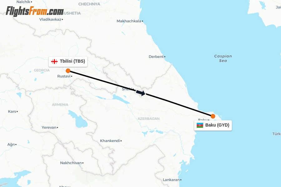Flights from Tbilisi to Baku route map