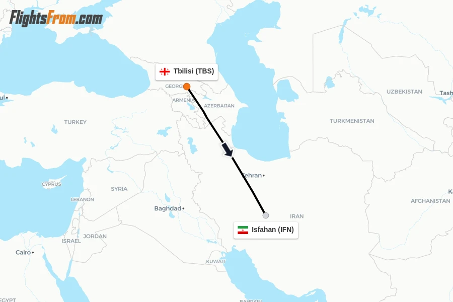 Flights from Tbilisi to Isfahan route map