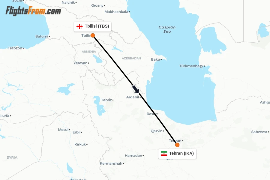 Flights from Tbilisi to Tehran route map