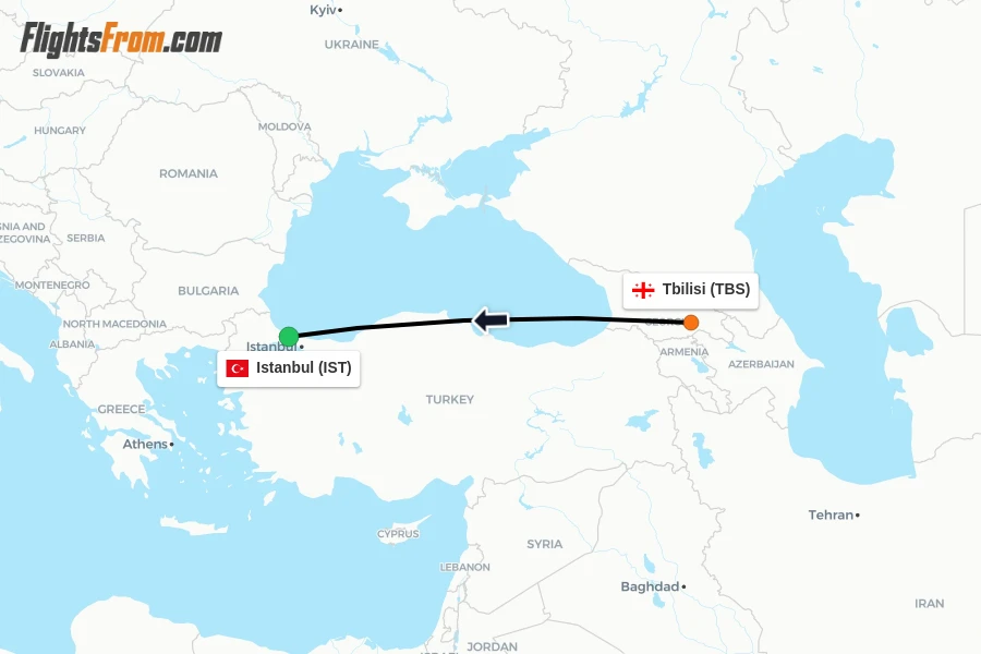 Flights from Tbilisi to Istanbul route map