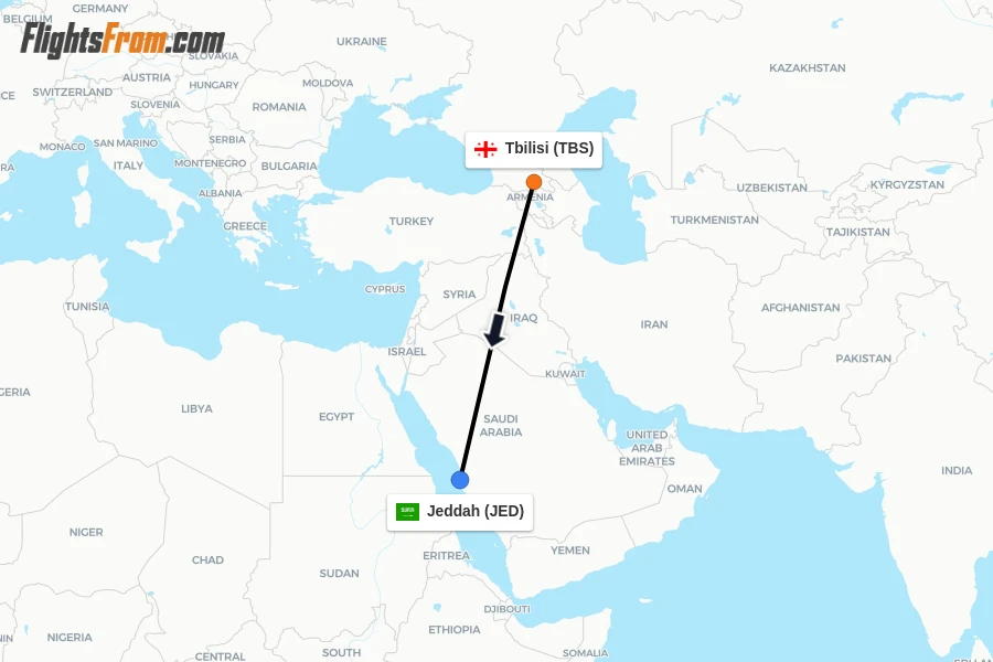 Flights from Tbilisi to Jeddah route map